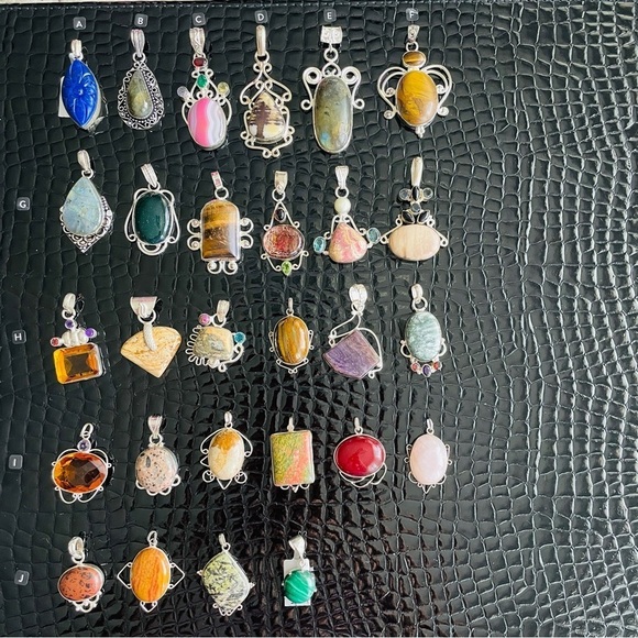 Green & Pink Unakite Jasper Rectangular Sterling Silver Vintage Pendant … - Picture 8 of 13